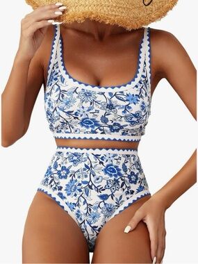 Blue & White Floral High-Waist Bikini Set